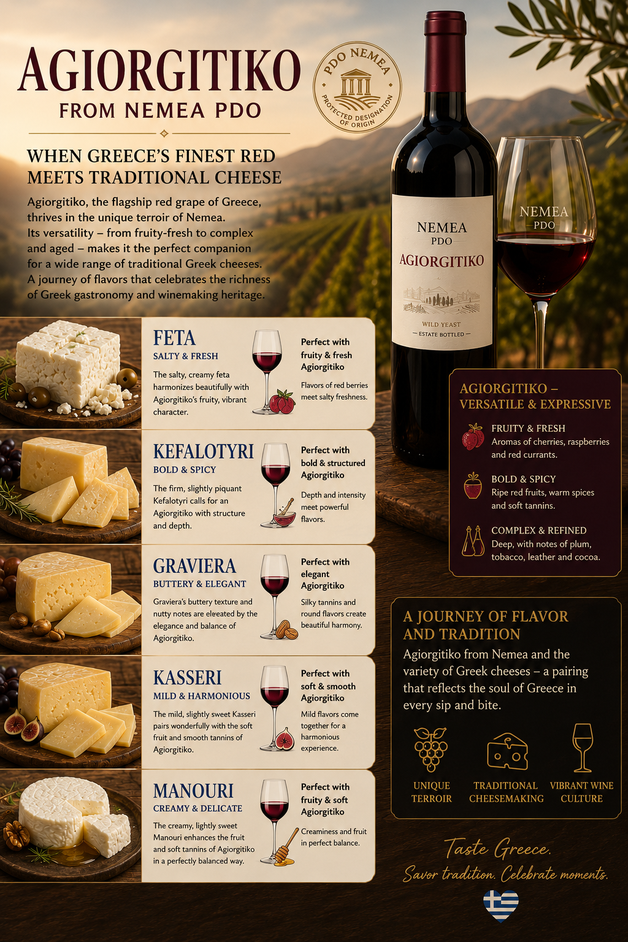 Αφίσα Wine & Balance για συνδυασμούς Αγιωργίτικου ΠΟΠ Νεμέα με ελληνικά τυριά.