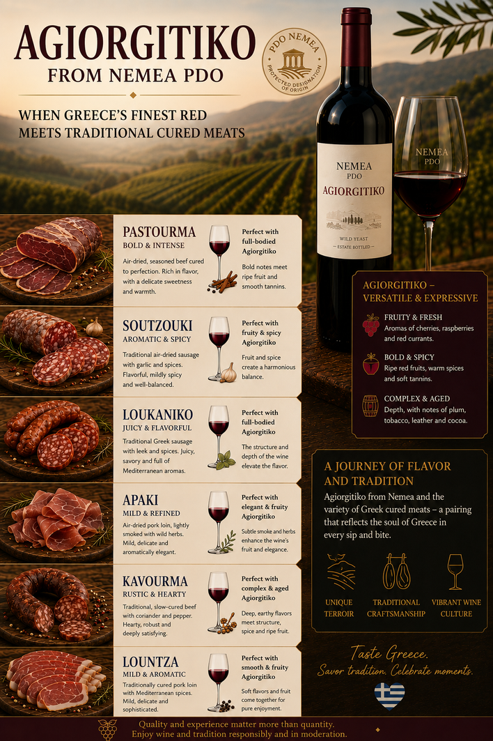 Αφίσα Wine & Balance για συνδυασμούς Αγιωργίτικου ΠΟΠ Νεμέα με ελληνικά αλλαντικά.